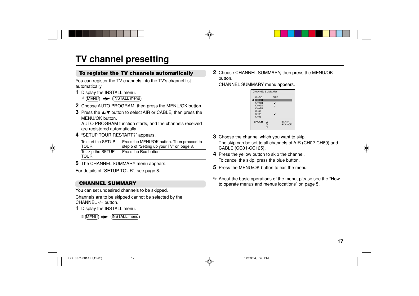 Tv channel presetting | JVC AV-14FN15 User Manual | Page 33 / 36