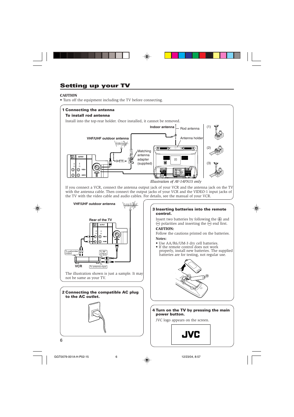 Setting up your tv, Video audio video-1 input output | JVC AV-14FN15 User Manual | Page 6 / 36