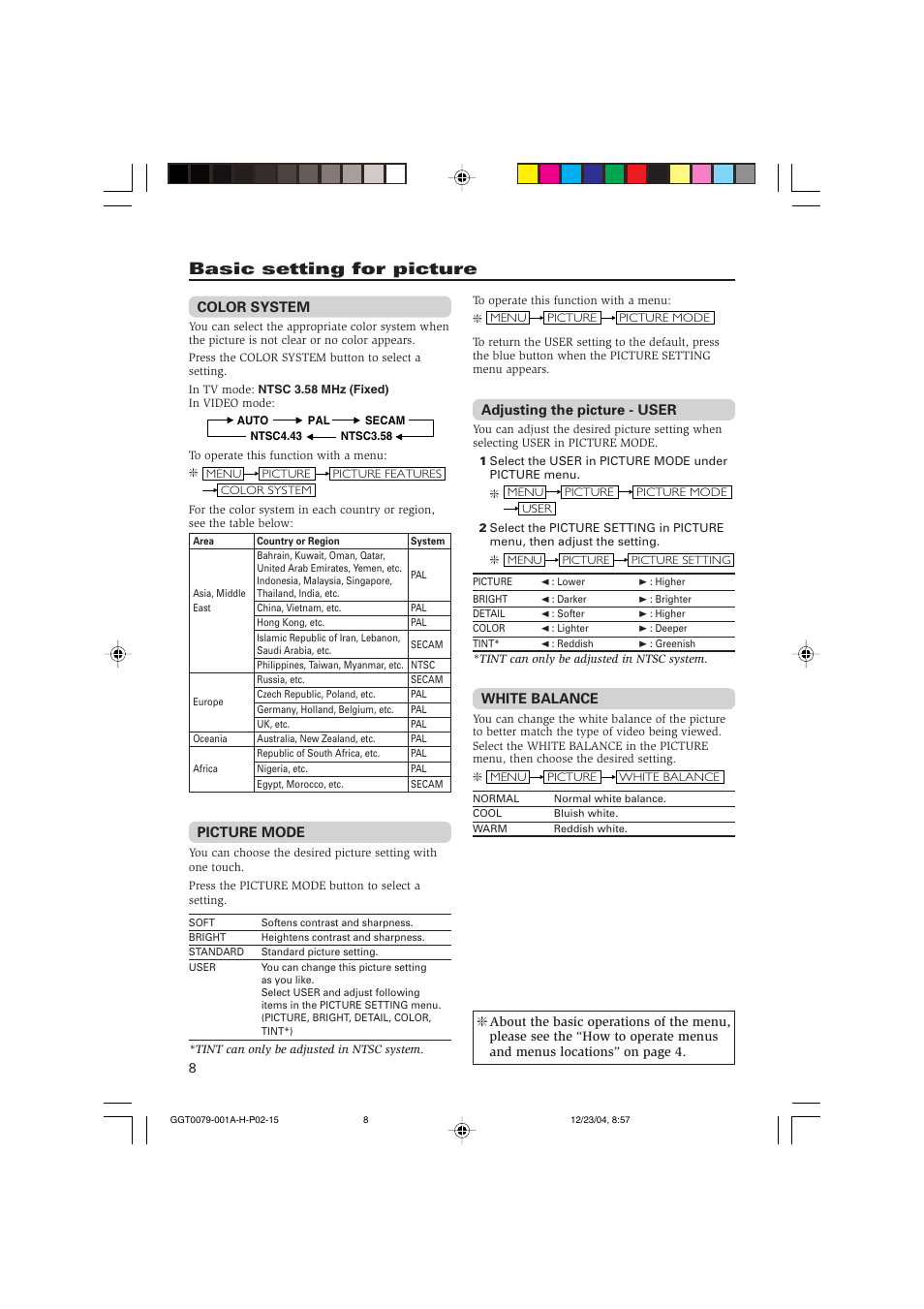 Basic setting for picture | JVC AV-14FN15 User Manual | Page 8 / 36