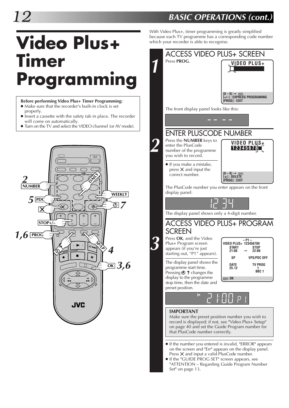 Video plus+ timer programming, Basic operations (cont.), Access video plus+ screen | Enter pluscode number, Access video plus+ program screen | JVC HR-J655EK User Manual | Page 12 / 48