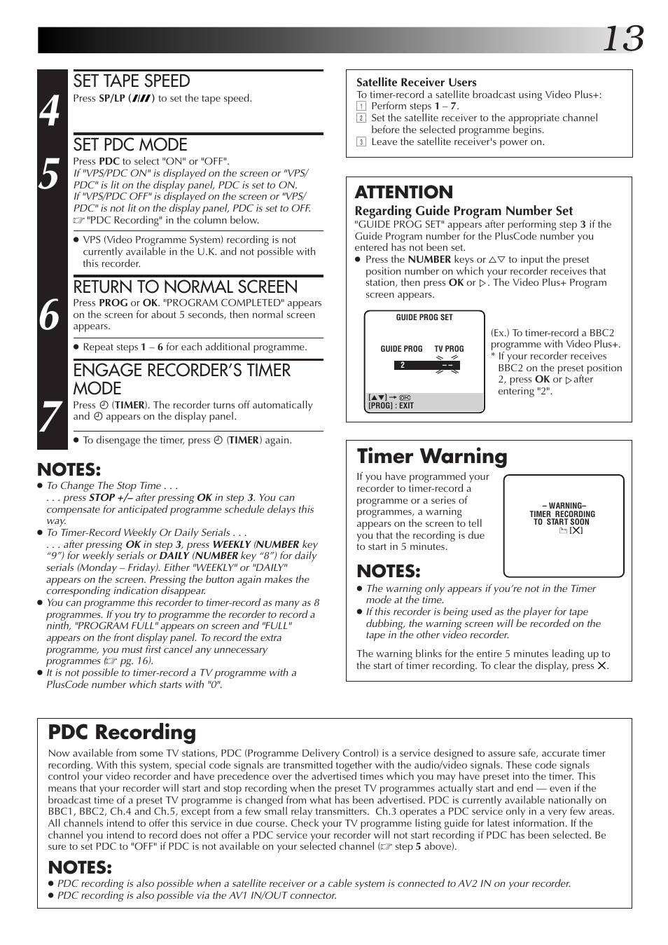 Pdc recording, Timer warning, Set tape speed | Set pdc mode, Return to normal screen, Engage recorder’s timer mode, Attention | JVC HR-J655EK User Manual | Page 13 / 48