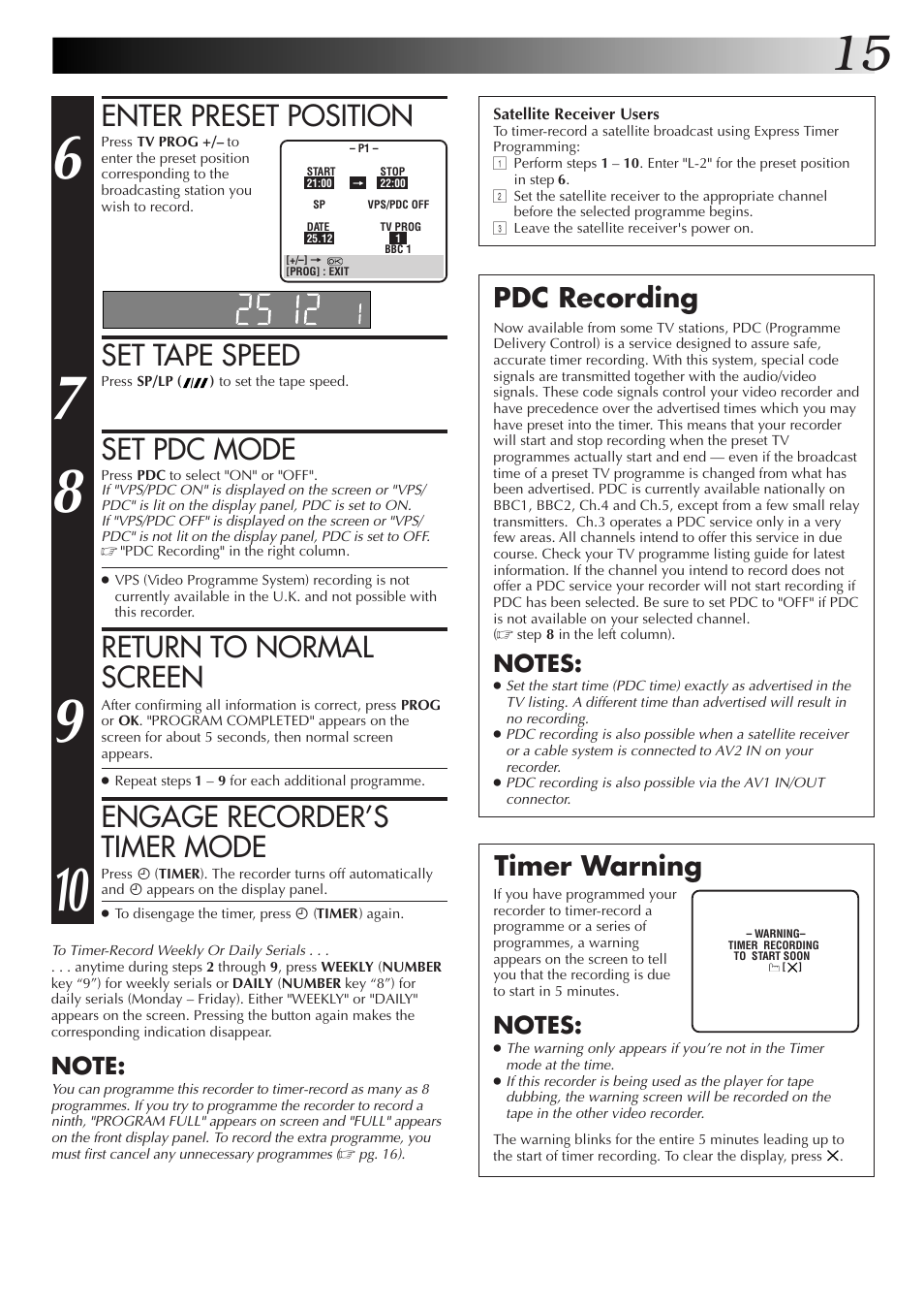 Enter preset position, Set tape speed, Set pdc mode | Return to normal screen, Engage recorder’s timer mode, Pdc recording timer warning | JVC HR-J655EK User Manual | Page 15 / 48