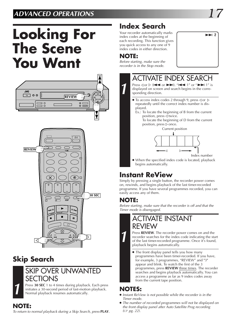 Looking for the scene you want, Activate index search, Activate instant review | Advanced operations, Index search, Skip search, Instant review | JVC HR-J655EK User Manual | Page 17 / 48