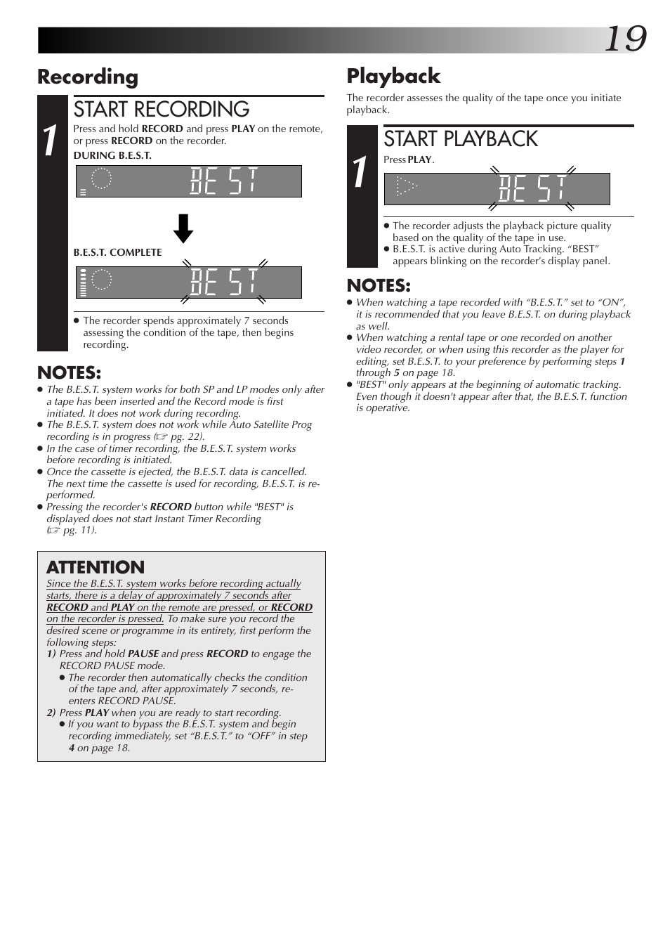 Start recording, Start playback, Recording | Playback, Attention | JVC HR-J655EK User Manual | Page 19 / 48