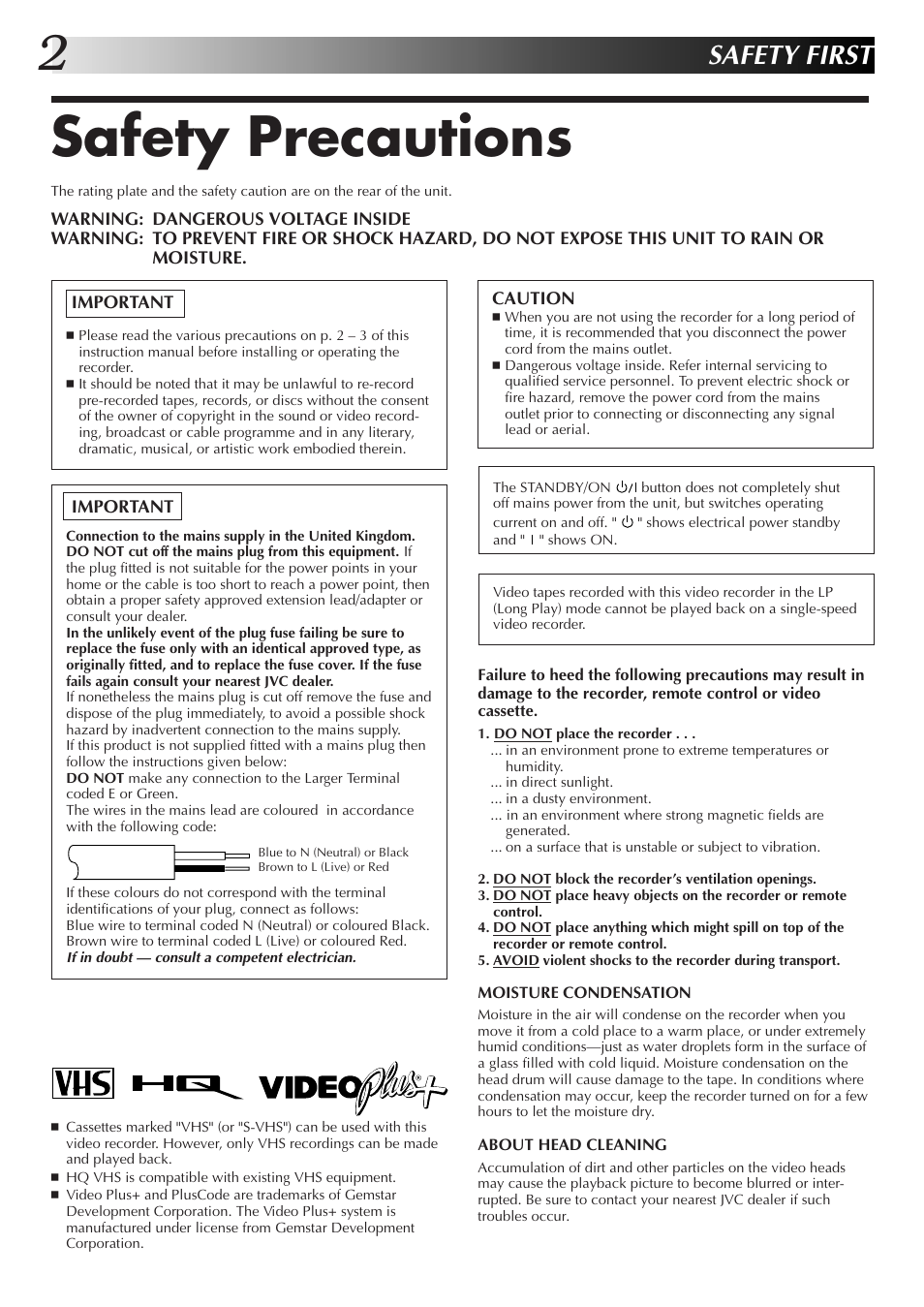 Safety precautions, Safety first | JVC HR-J655EK User Manual | Page 2 / 48