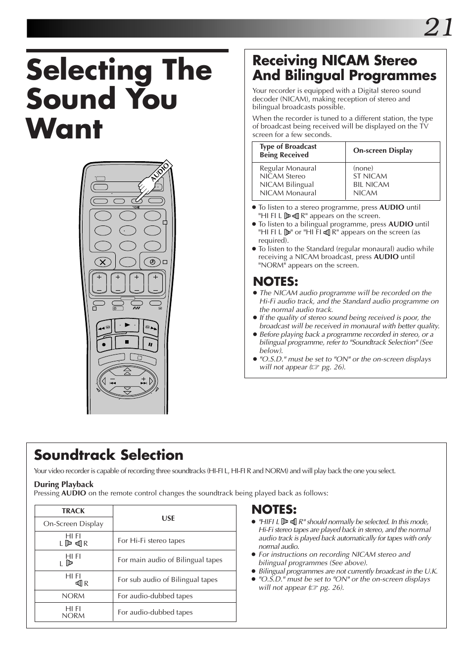 Selecting the sound you want, Soundtrack selection, Receiving nicam stereo and bilingual programmes | JVC HR-J655EK User Manual | Page 21 / 48