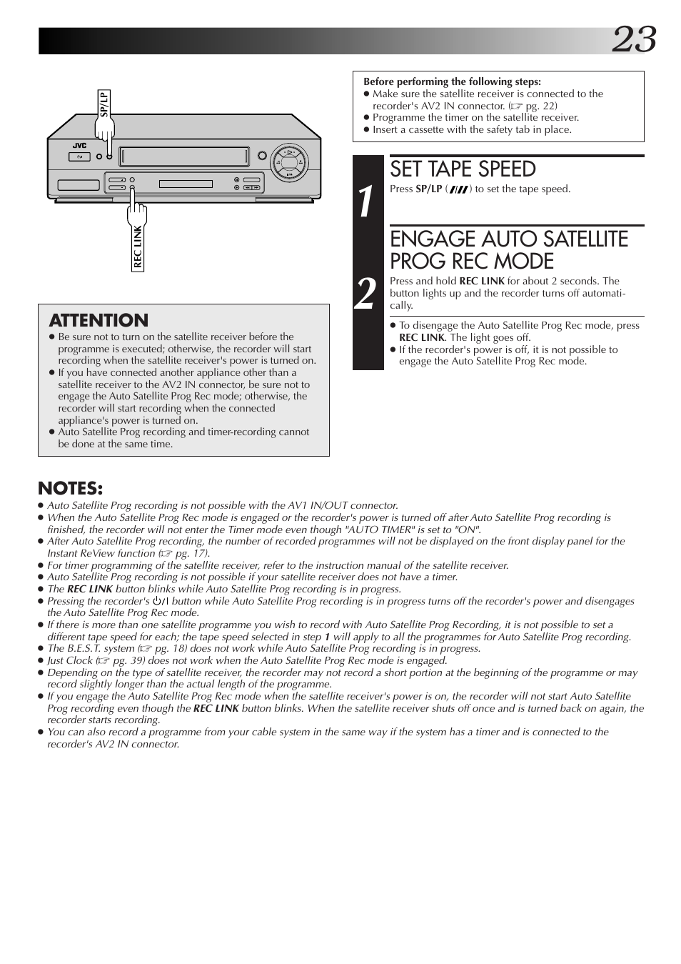 Set tape speed, Engage auto satellite prog rec mode, Attention | JVC HR-J655EK User Manual | Page 23 / 48