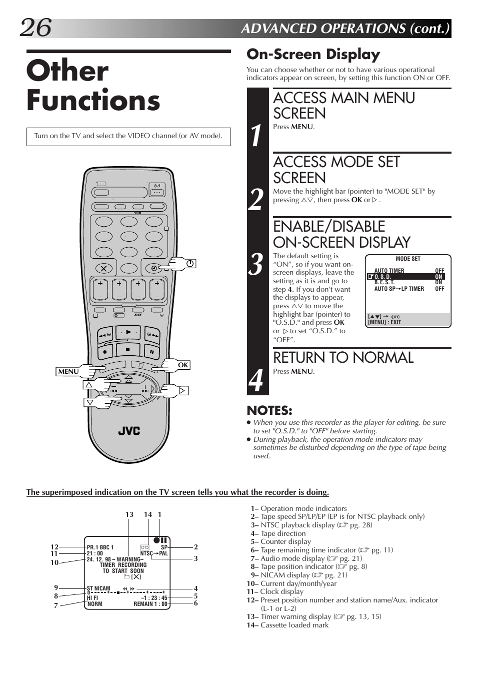 Other functions, Access main menu screen, Access mode set screen | Enable/disable on-screen display, Return to normal, Advanced operations (cont.), On-screen display | JVC HR-J655EK User Manual | Page 26 / 48