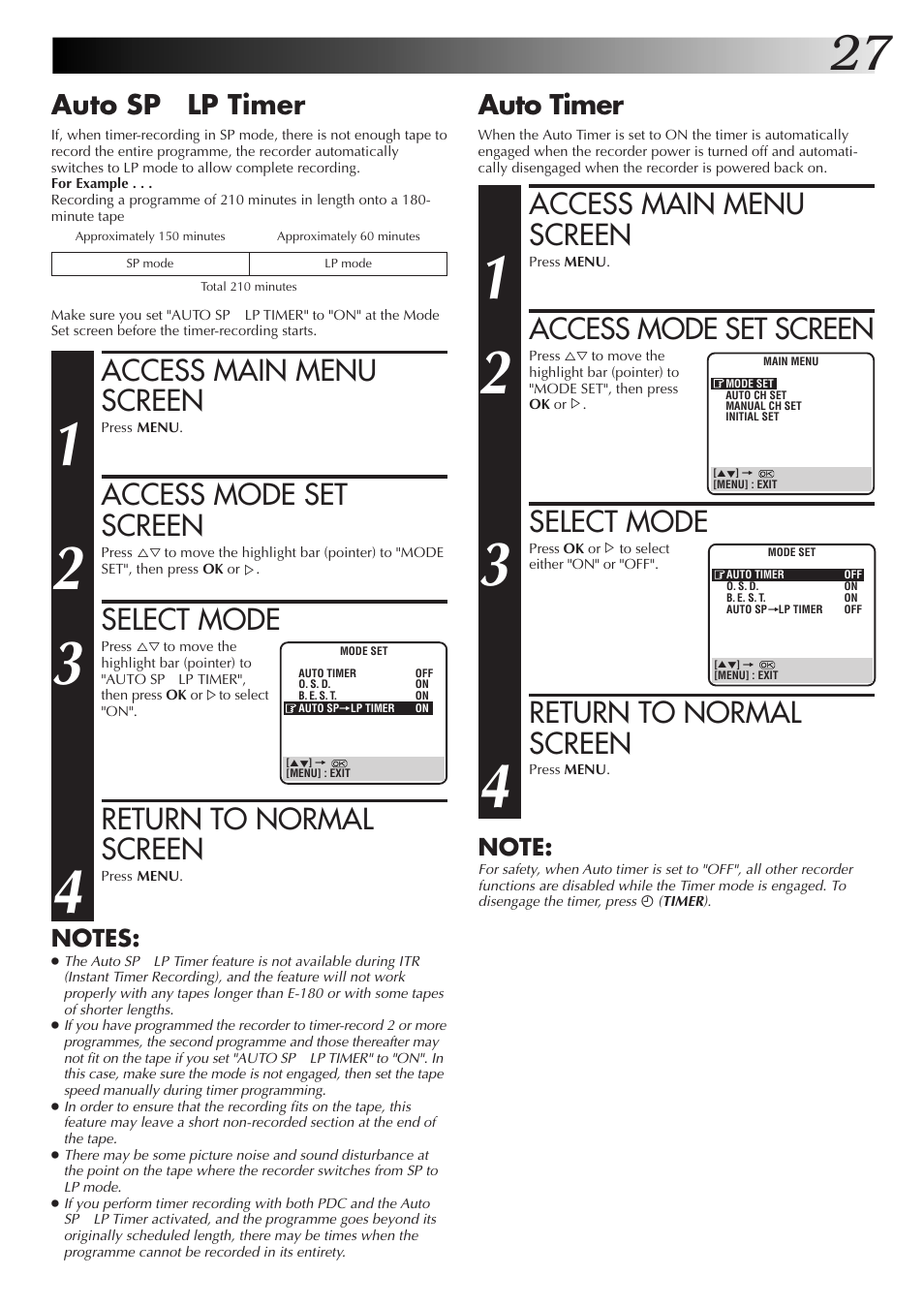 Access main menu screen, Access mode set screen, Select mode | Return to normal screen, Auto timer, Auto sp → lp timer | JVC HR-J655EK User Manual | Page 27 / 48