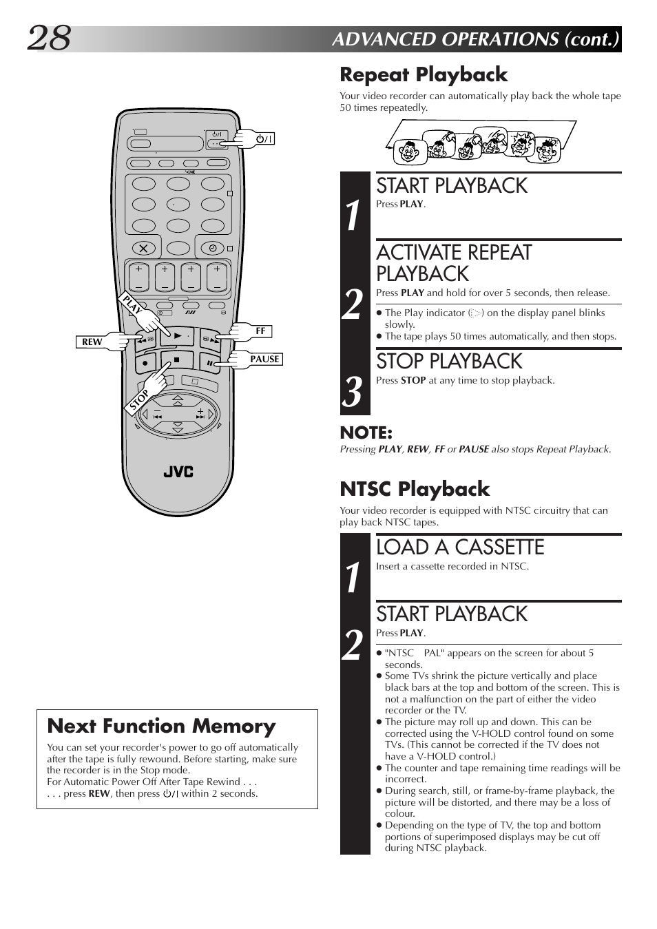Start playback, Activate repeat playback, Stop playback | Load a cassette, Advanced operations (cont.), Repeat playback, Ntsc playback | JVC HR-J655EK User Manual | Page 28 / 48