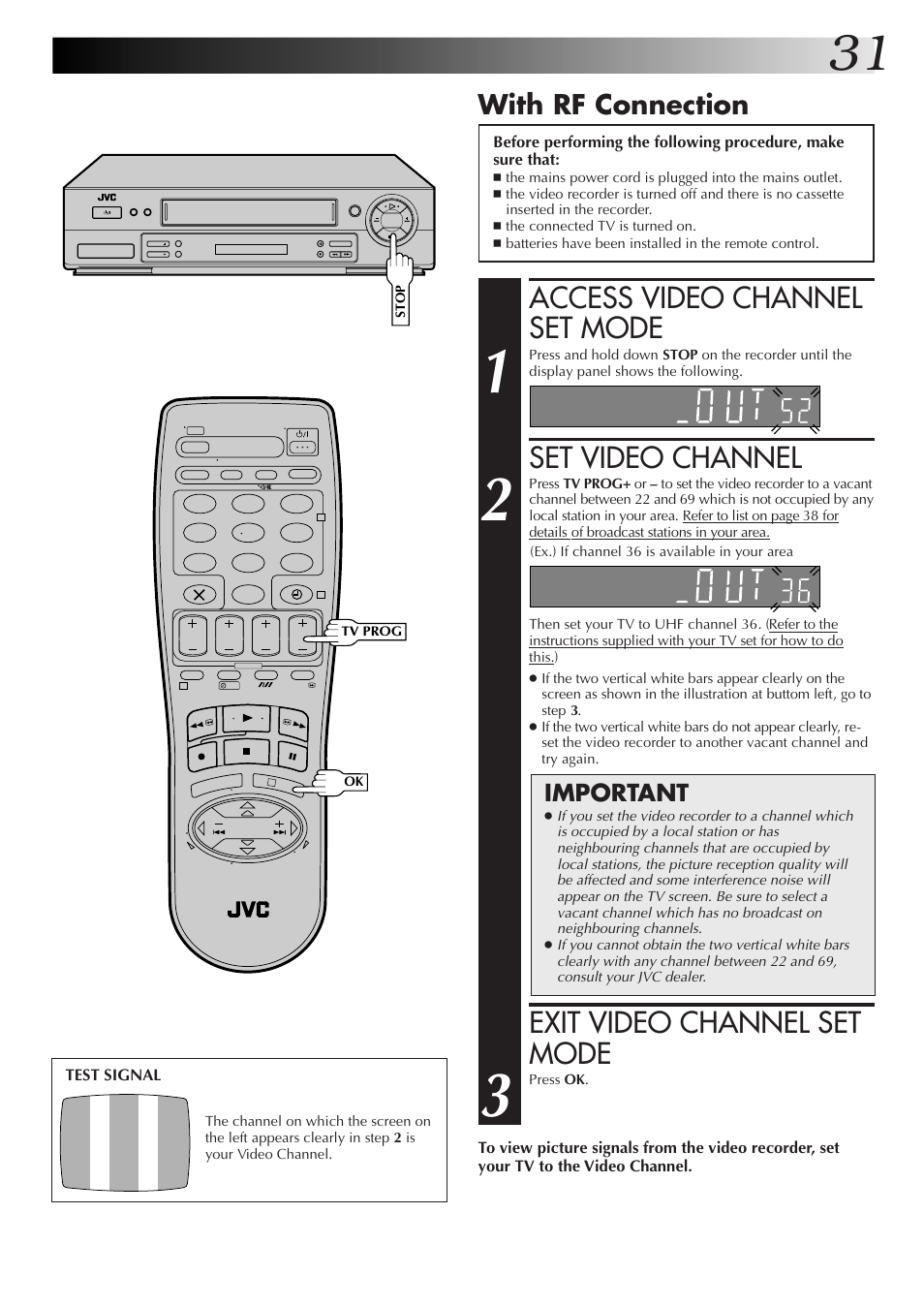 Access video channel set mode, Set video channel, Exit video channel set mode | With rf connection, Important | JVC HR-J655EK User Manual | Page 31 / 48