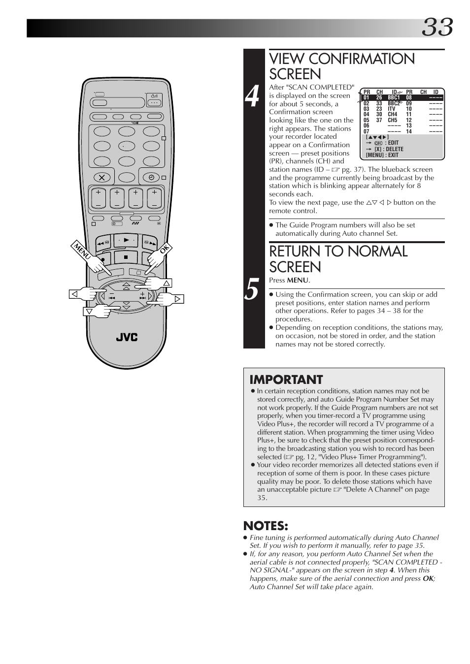 View confirmation screen, Return to normal screen, Important | JVC HR-J655EK User Manual | Page 33 / 48