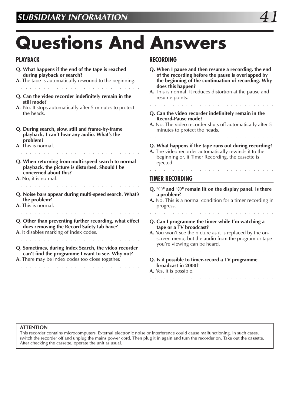 Questions and answers, Subsidiary information, Playback | Recording, Timer recording | JVC HR-J655EK User Manual | Page 41 / 48