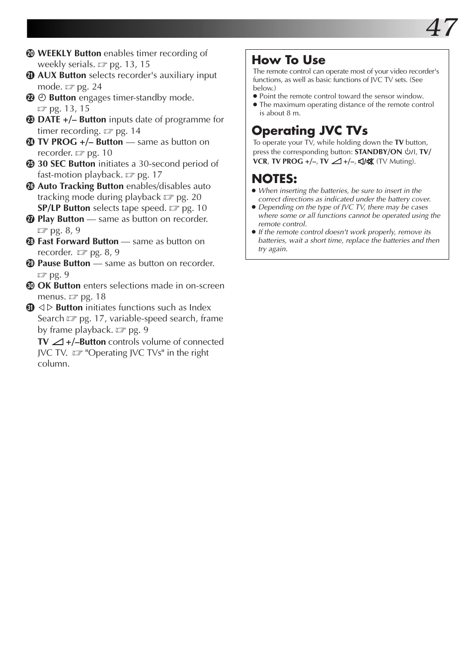 How to use, Operating jvc tvs | JVC HR-J655EK User Manual | Page 47 / 48