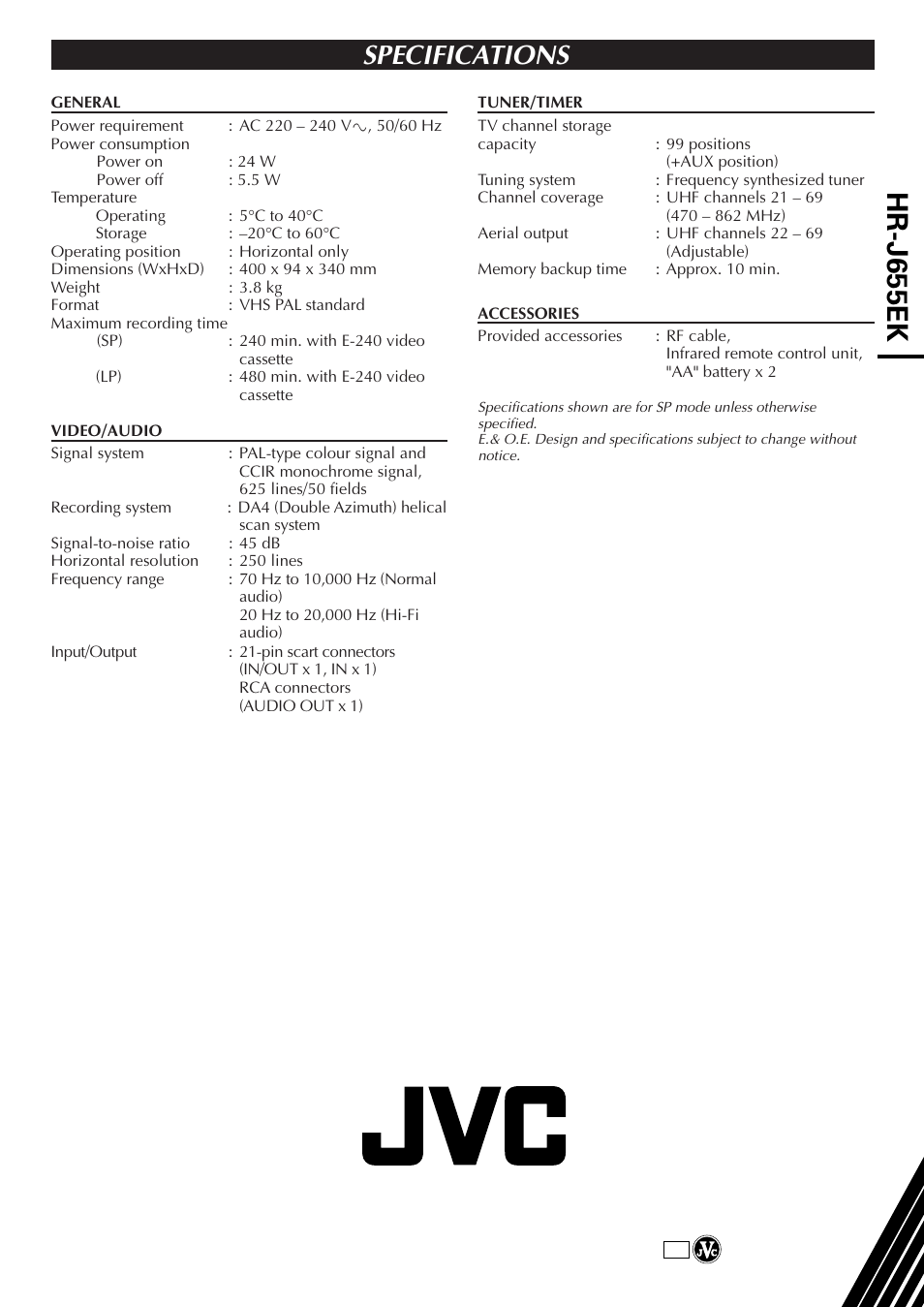 Hr-j655ek, Specifications | JVC HR-J655EK User Manual | Page 48 / 48