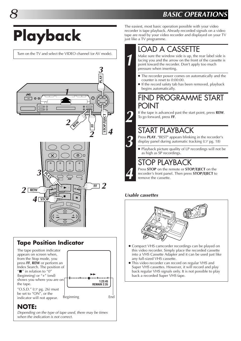 Playback, Load a cassette, Find programme start point | Start playback, Stop playback, Basic operations | JVC HR-J655EK User Manual | Page 8 / 48