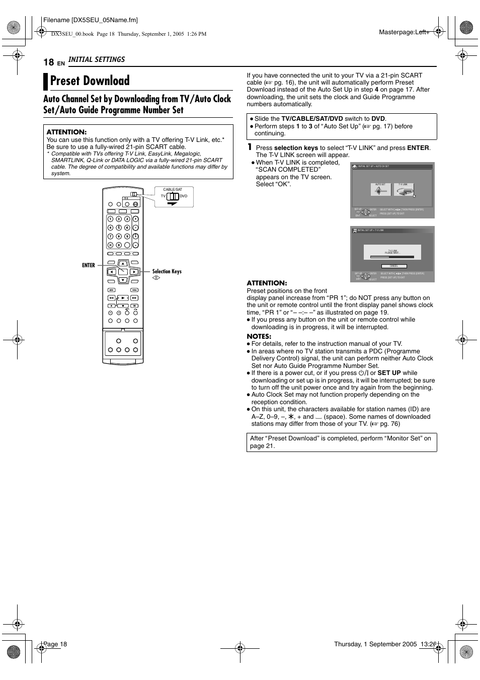 Preset download, A pg. 18) e, Initial settings | JVC ShowView LPT1100-001A User Manual | Page 18 / 92