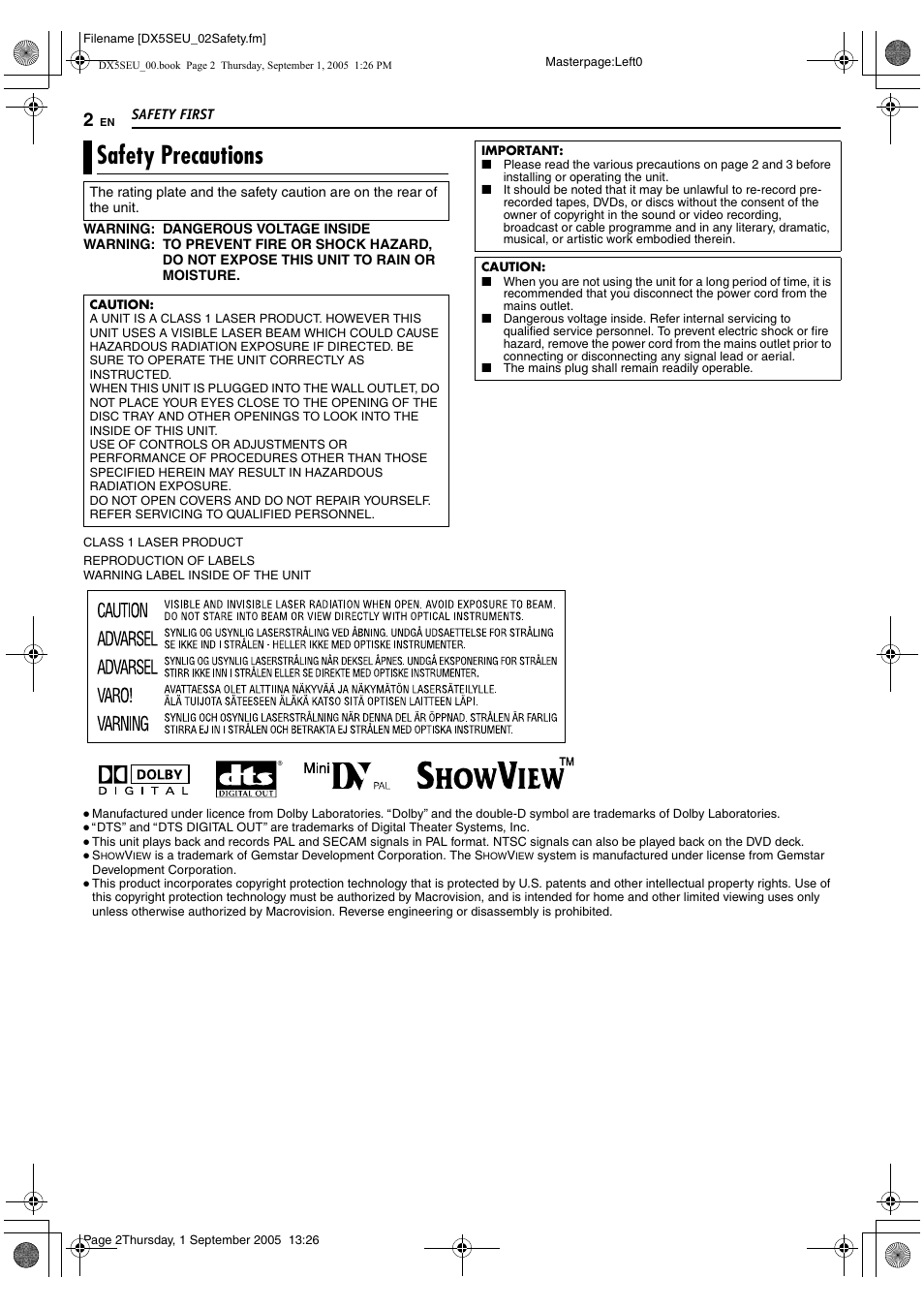 Safety first, Safety precautions | JVC ShowView LPT1100-001A User Manual | Page 2 / 92