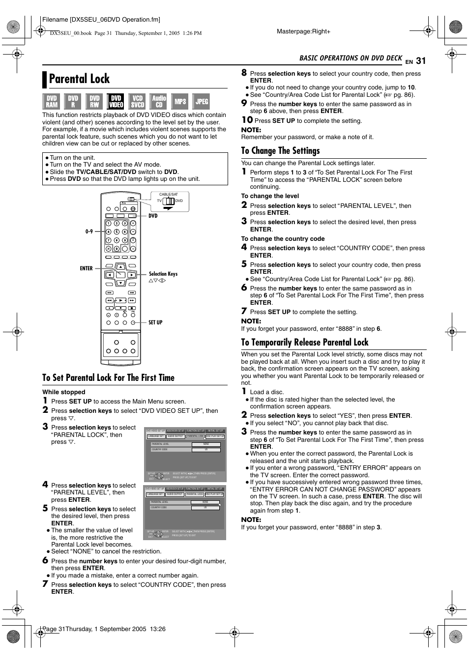 Parental lock, R to, Aparental lockb (a pg. 31) | Basic operations on dvd deck | JVC ShowView LPT1100-001A User Manual | Page 31 / 92