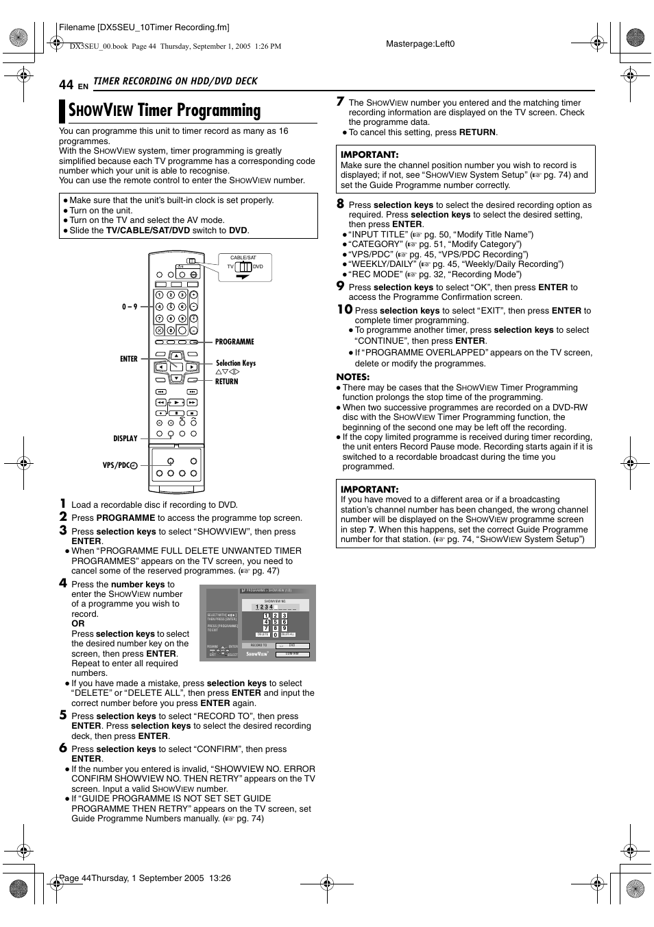 Timer recording on hdd/dvd deck, Showview timer programming, A pg. 44, 46 | A pg. 44), Recording (a pg. 44, 46), Timer programming, B (a pg. 44) pro, 8 to fit the total, G (a pg. 44, 46) | JVC ShowView LPT1100-001A User Manual | Page 44 / 92