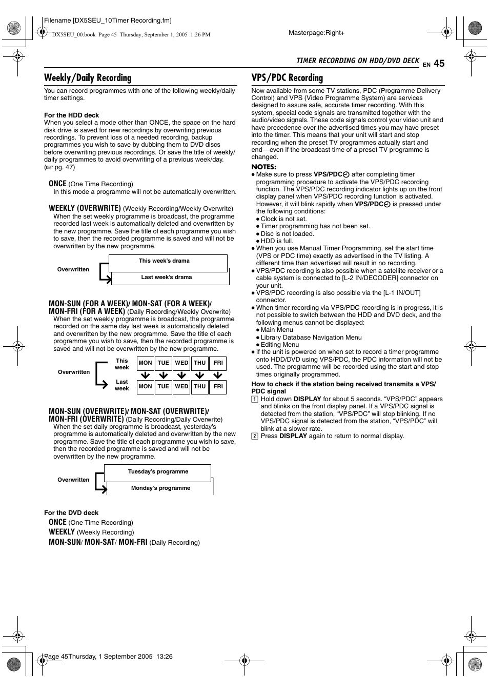 Recording (a pg. 45), Vps/pdc indicator a pg. 45, A pg. 45 | A pg. 45, avps/pdc recordingb), A pg. 45, aweekly/daily recordingb), Weekly/daily recording, Vps/pdc recording | JVC ShowView LPT1100-001A User Manual | Page 45 / 92