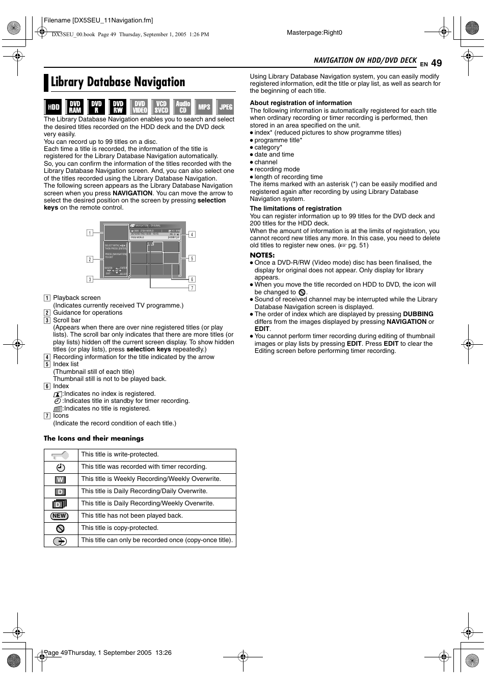 Navigation on hdd/dvd deck, Library database navigation, A pg. 49, 55 | Tomatically recorded. (a pg. 49) t, Pg. 49) | JVC ShowView LPT1100-001A User Manual | Page 49 / 92
