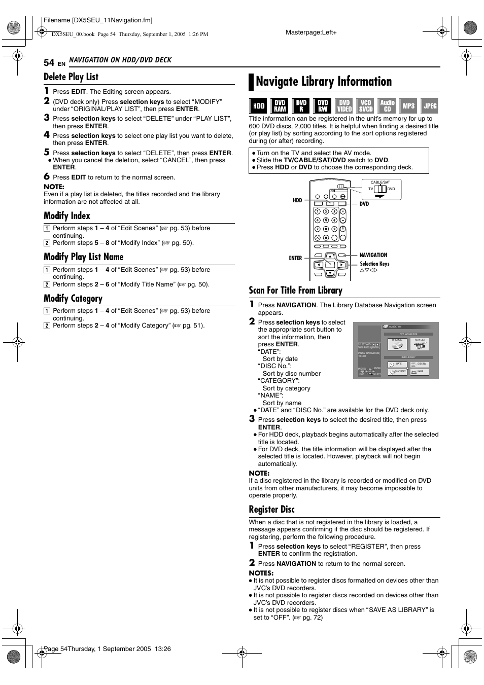 Navigate library information, Delete play list, Modify index | Modify play list name, Modify category, Scan for title from library, Register disc | JVC ShowView LPT1100-001A User Manual | Page 54 / 92