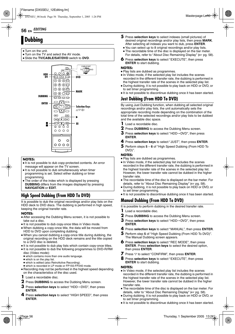 Editing, Dubbing, A pg. 56 | A pg. 56), High speed dubbing (from hdd to dvd), Just dubbing (from hdd to dvd), Manual dubbing (from hdd to dvd) | JVC ShowView LPT1100-001A User Manual | Page 56 / 92