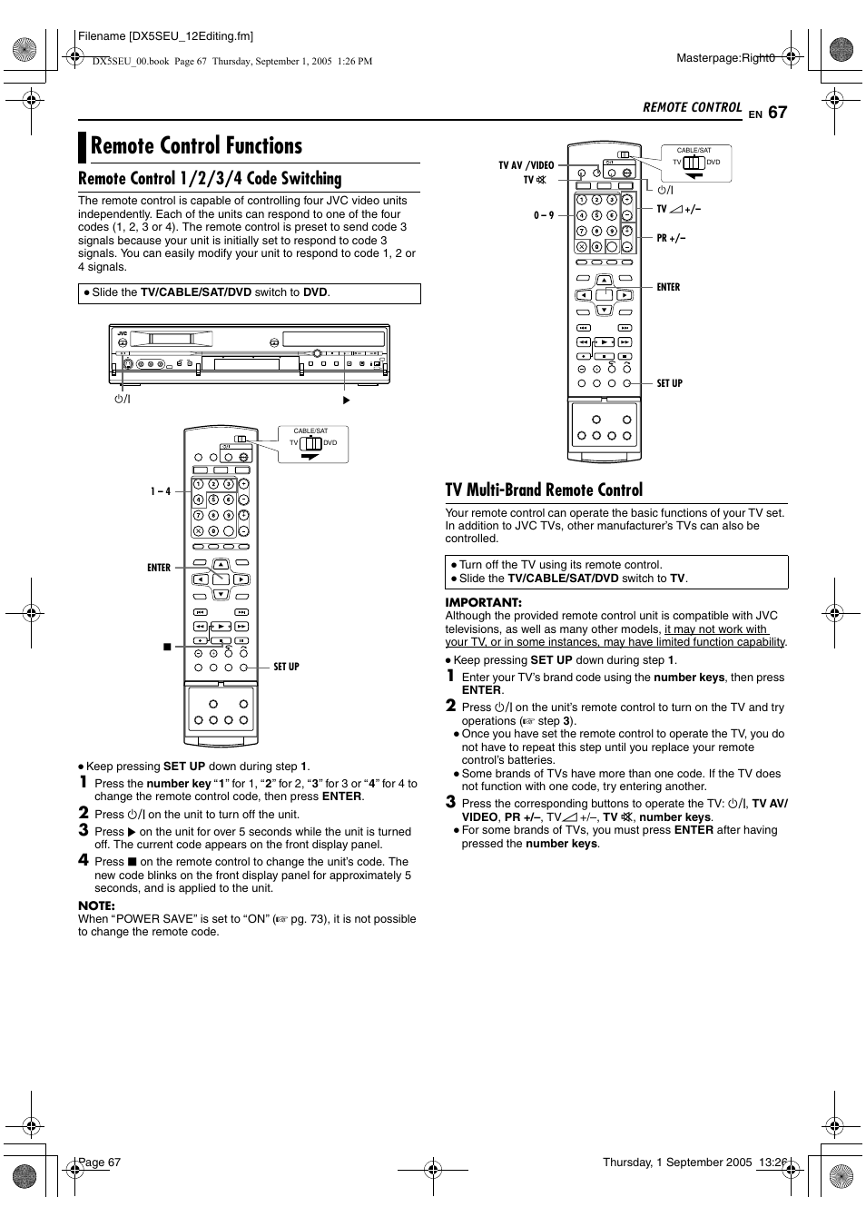 Remote control, Remote control functions, A pg. 67 | A pg. 67), Remote control 1/2/3/4 code switching, Tv multi-brand remote control | JVC ShowView LPT1100-001A User Manual | Page 67 / 92