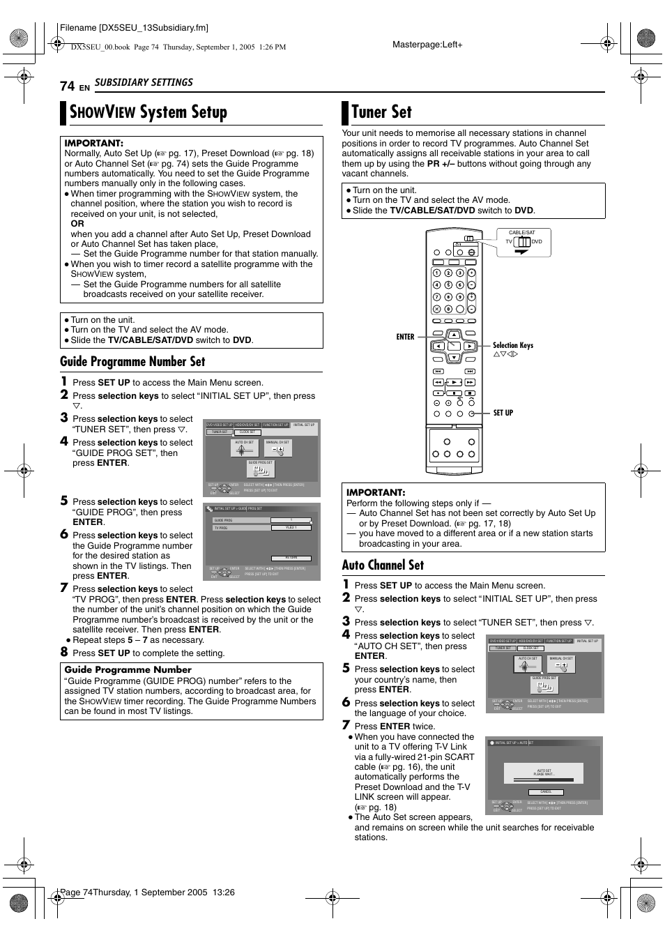 Showview system setup, Tuner set, Ner setting (a pg. 74) | Setting. (a pg. 74), Ed (a pg. 74), A pg. 74), Ed; if not, see, System setup, B (a pg. 74) and, A pg. 74 | JVC ShowView LPT1100-001A User Manual | Page 74 / 92