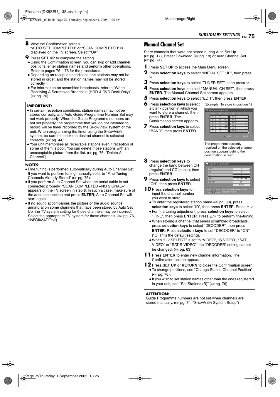 Manual channel set, Subsidiary settings | JVC ShowView LPT1100-001A User Manual | Page 75 / 92