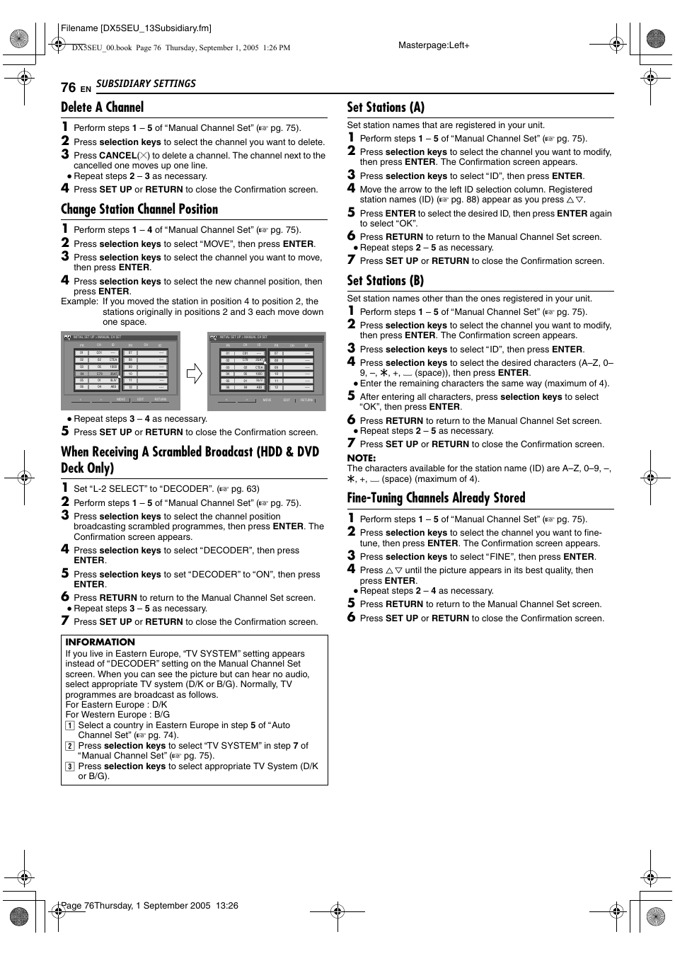 A pg. 76, ainformationb), A pg. 76), A pg. 76 | Adelete a channelb), Awhen receiving a, Scrambled broadcast (hdd & dvd deck only), B (a pg. 76), 76 f, Awhen, R to | JVC ShowView LPT1100-001A User Manual | Page 76 / 92