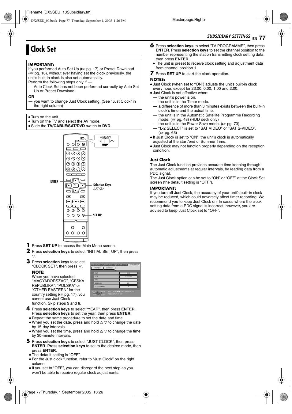 Clock set, A pg. 77), Ually (a pg. 77), then go | K setting (a pg. 77), Aclock setb (a pg. 77), K (a pg. 77) does not, K function (a pg. 77) d, Subsidiary settings | JVC ShowView LPT1100-001A User Manual | Page 77 / 92