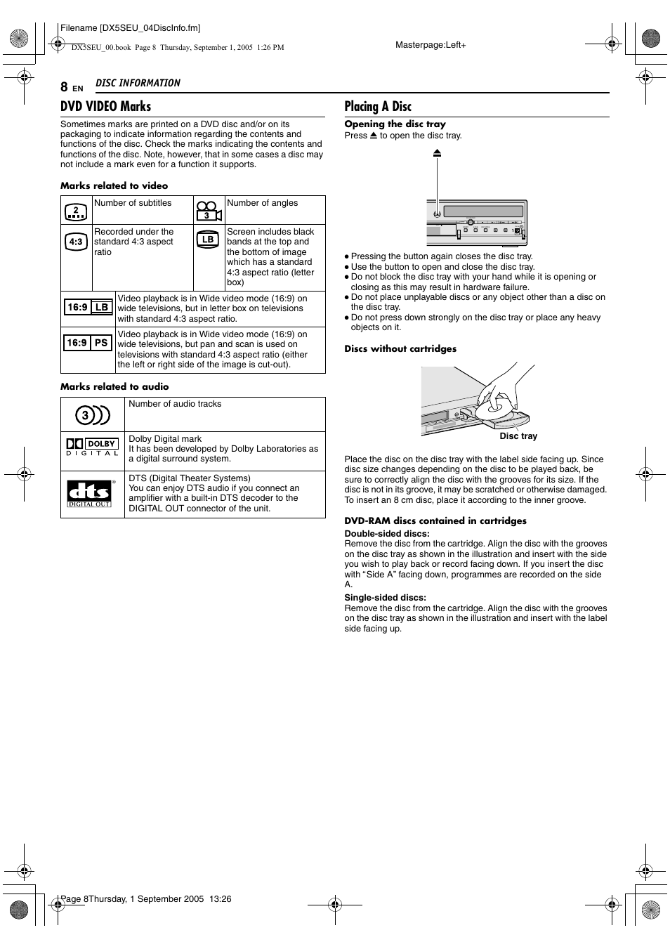 Dvd video marks, Placing a disc, Disc information | JVC ShowView LPT1100-001A User Manual | Page 8 / 92