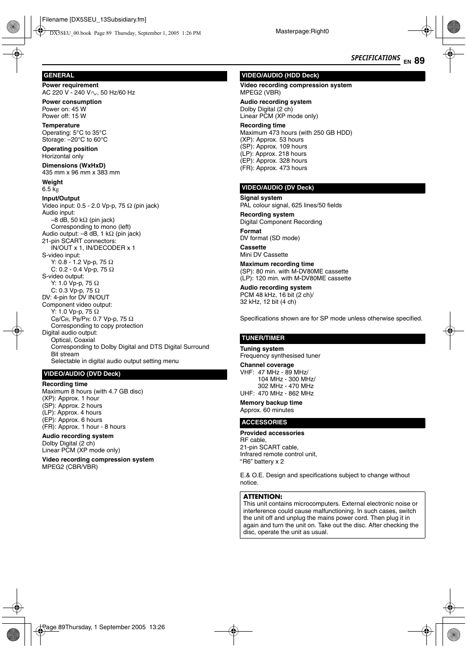 Specifications, Aspecificationsb (a pg. 89) | JVC ShowView LPT1100-001A User Manual | Page 89 / 92