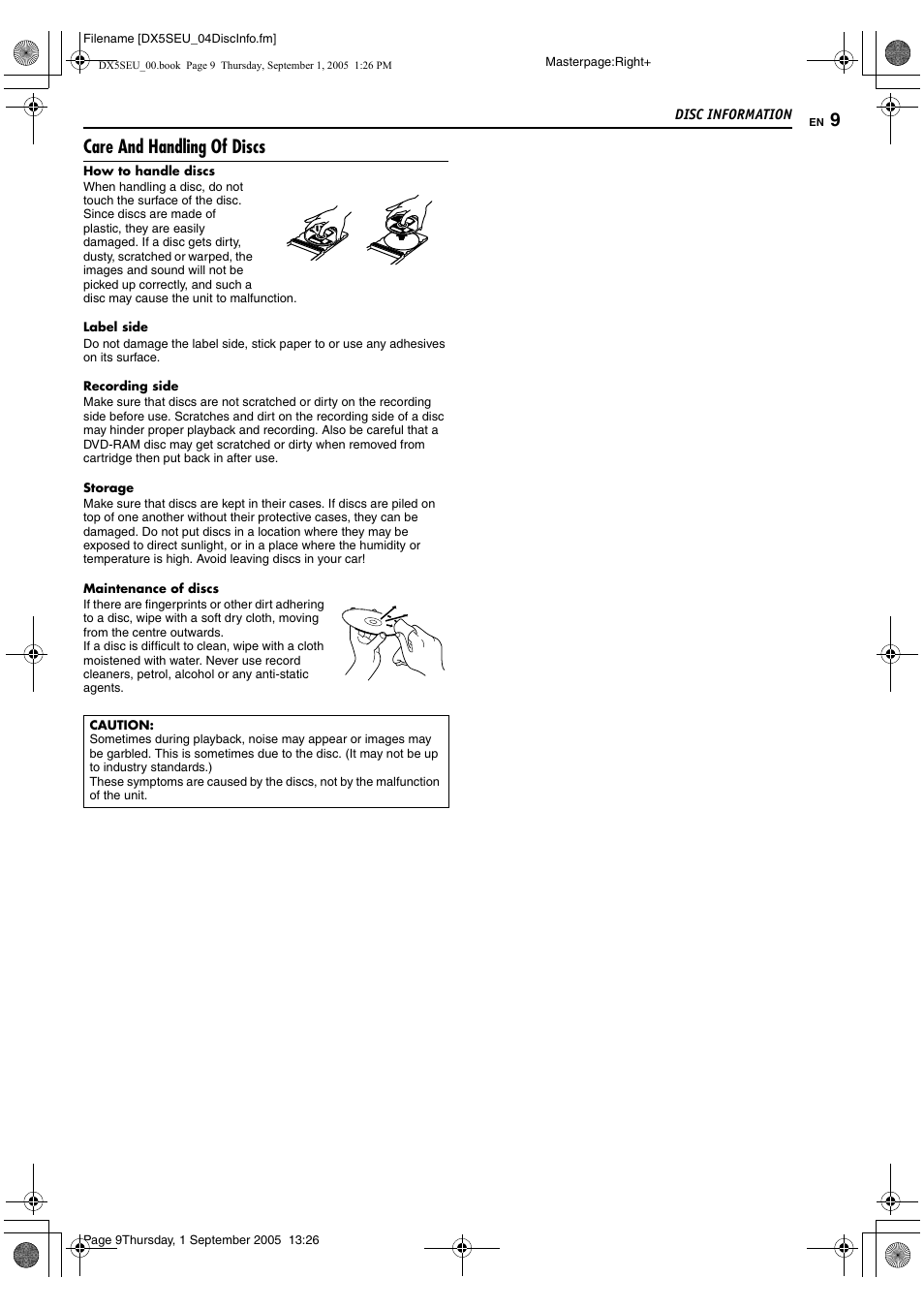 Care and handling of discs | JVC ShowView LPT1100-001A User Manual | Page 9 / 92