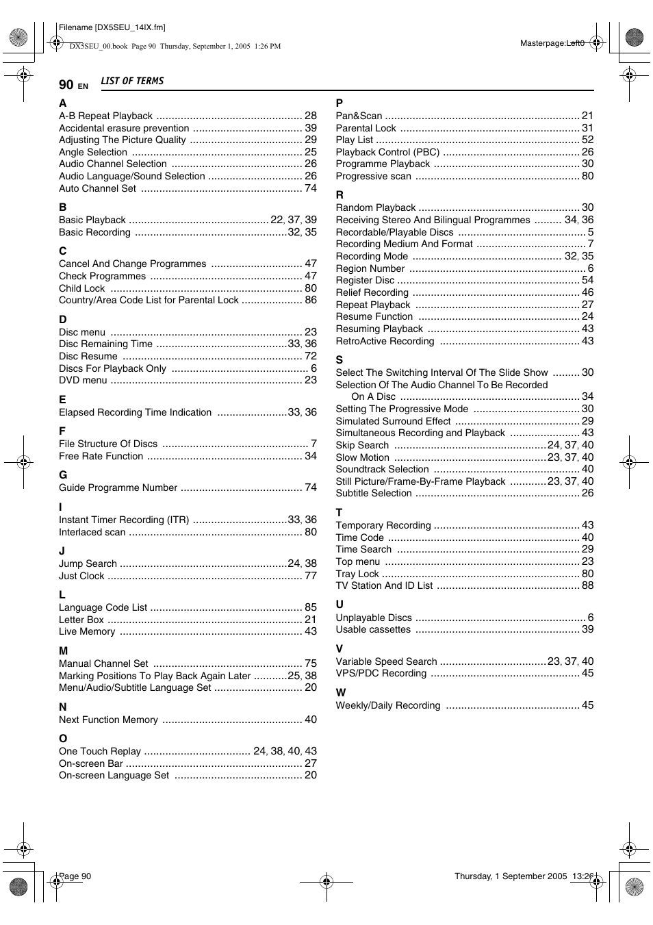 List of terms, 90 list | JVC ShowView LPT1100-001A User Manual | Page 90 / 92