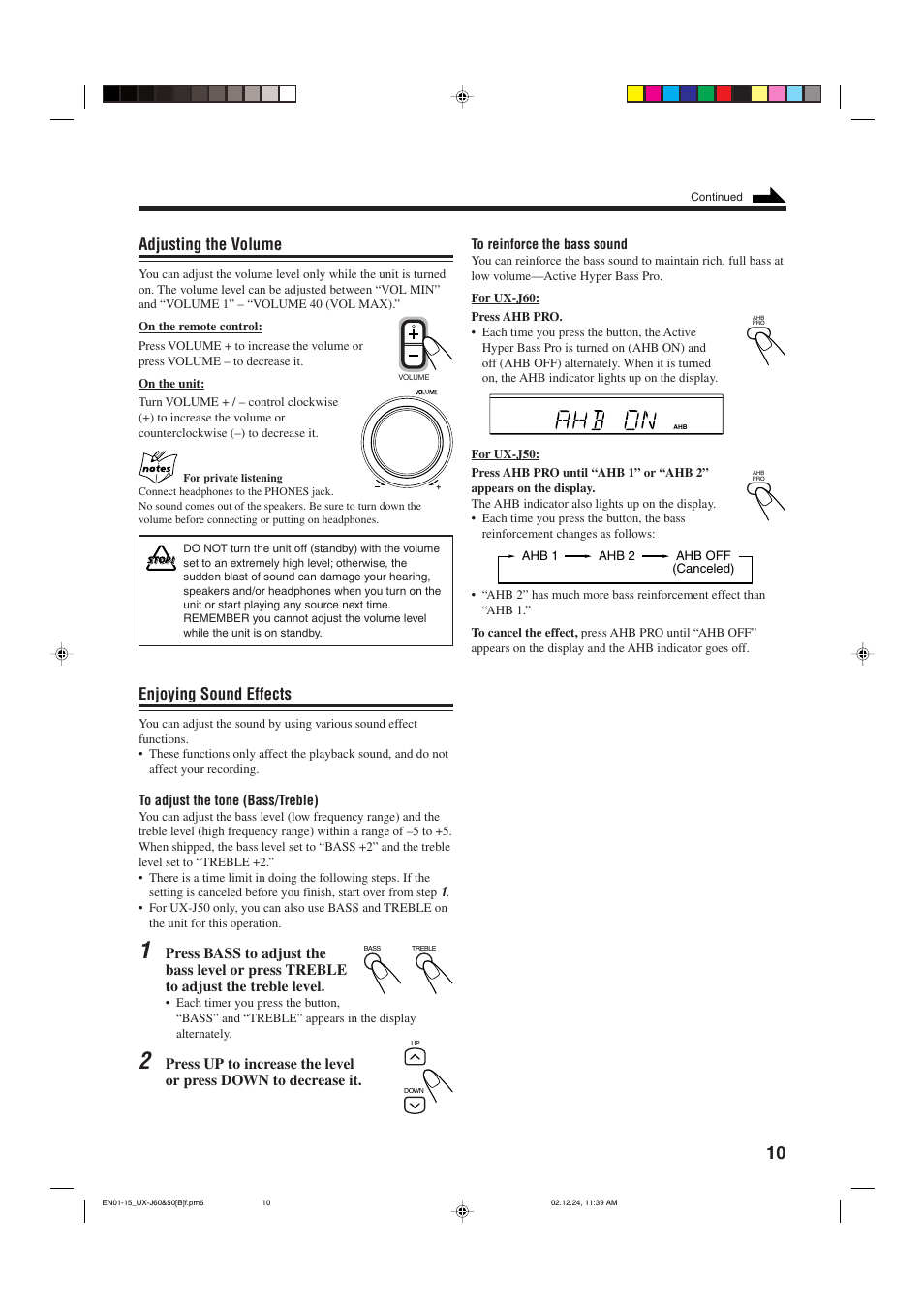 Adjusting the volume, Enjoying sound effects | JVC UXJ60 User Manual | Page 13 / 32