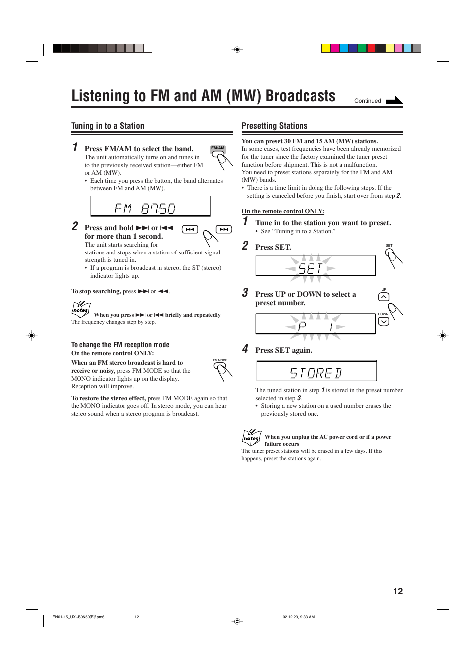 Listening to fm and am (mw) broadcasts | JVC UXJ60 User Manual | Page 15 / 32