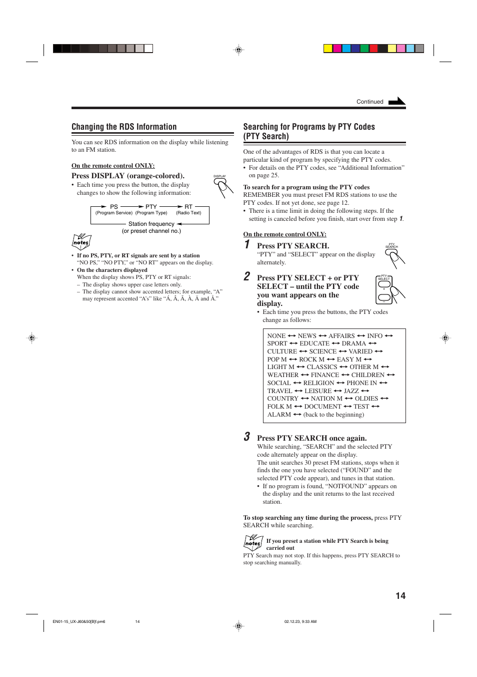Changing the rds information, Searching for programs by pty codes (pty search) | JVC UXJ60 User Manual | Page 17 / 32