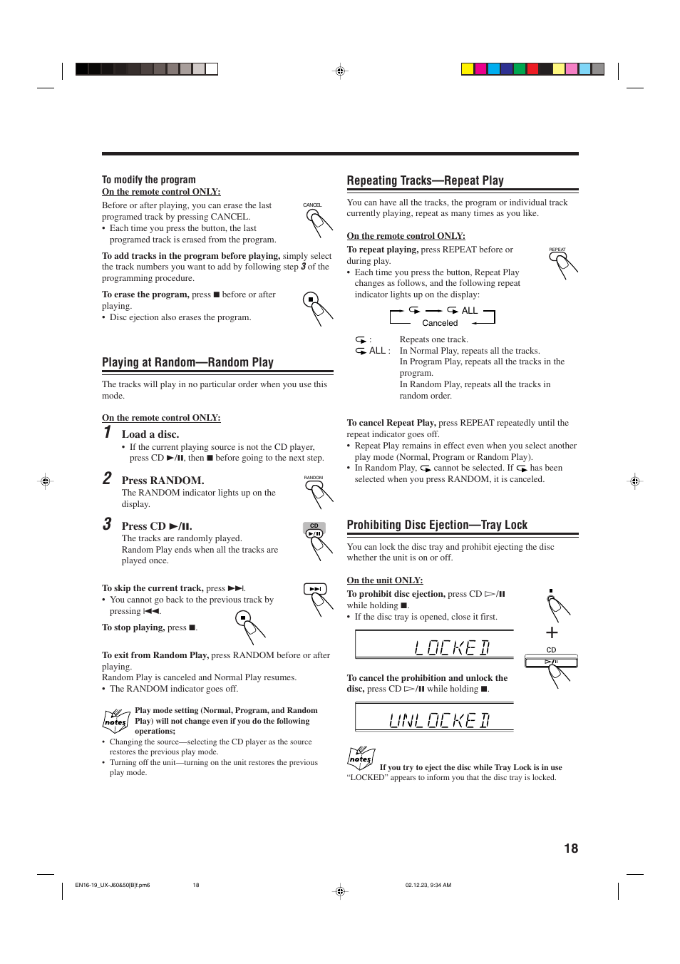 Repeating tracks—repeat play, Prohibiting disc ejection—tray lock, Playing at random—random play | JVC UXJ60 User Manual | Page 21 / 32