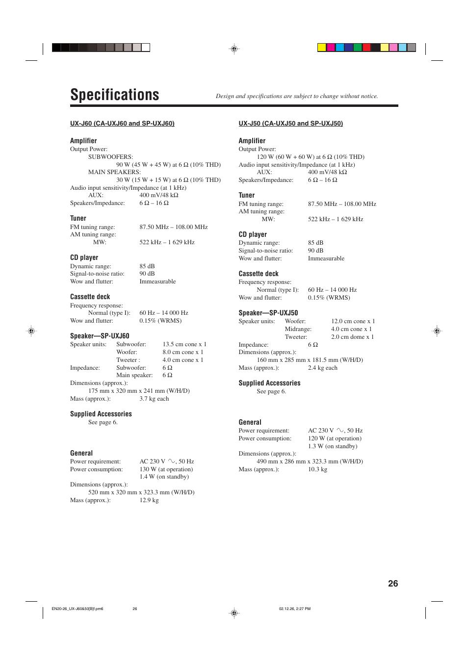 Specifications | JVC UXJ60 User Manual | Page 29 / 32