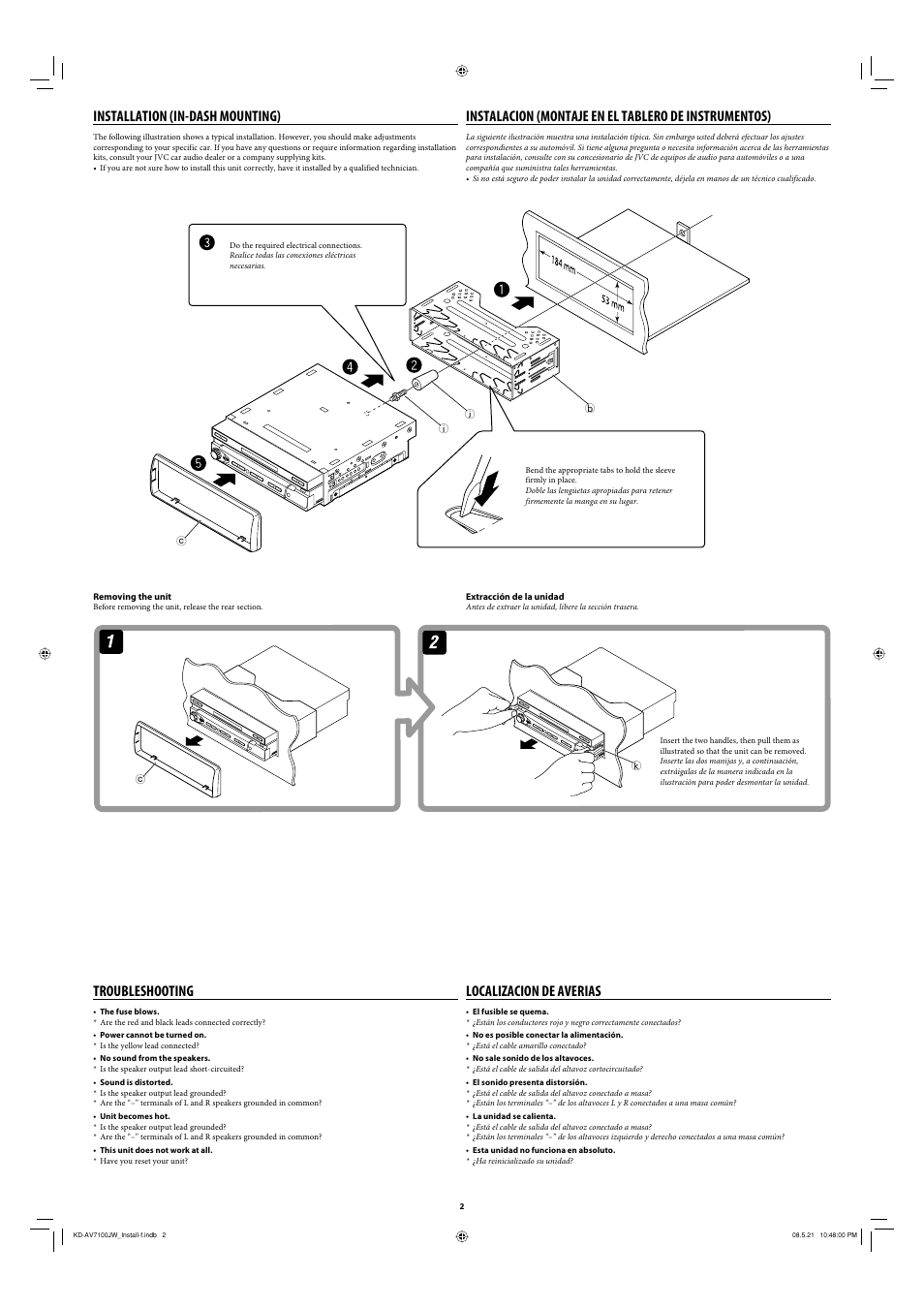 Installation (in-dash mounting), Troubleshooting, Localizacion de averias | JVC KD-AV7100 User Manual | Page 2 / 6