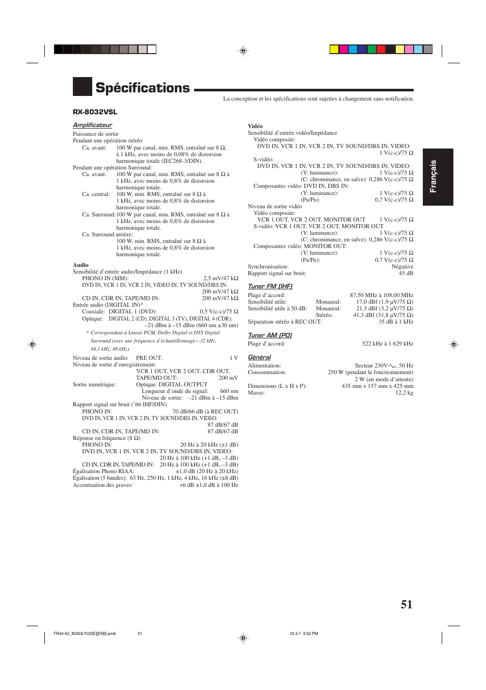 Spécifications, Fran ç ais | JVC RX-8032VSL User Manual | Page 106 / 160