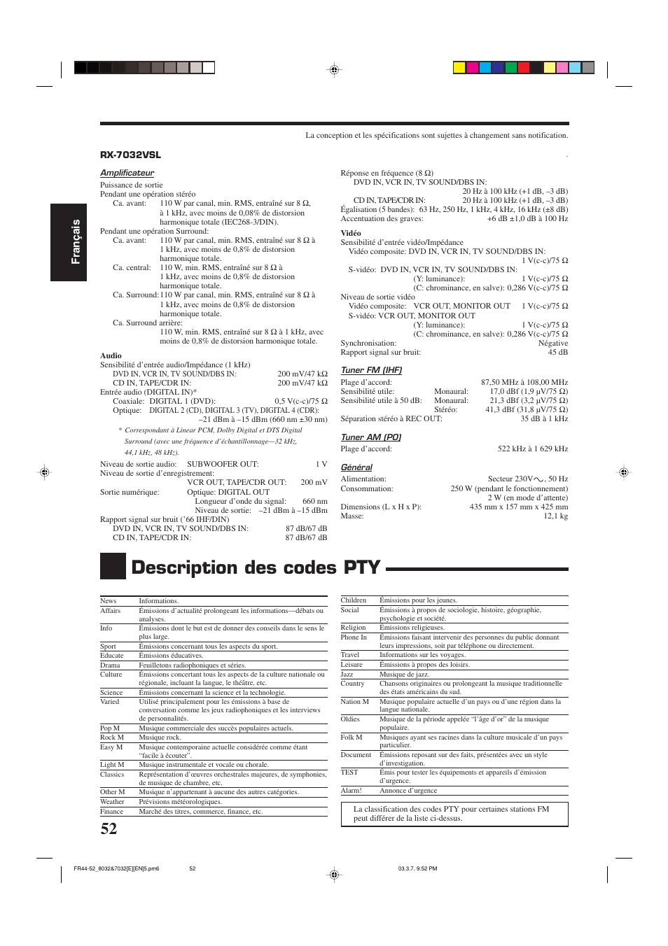 Description des codes pty, Fran ç ais | JVC RX-8032VSL User Manual | Page 107 / 160