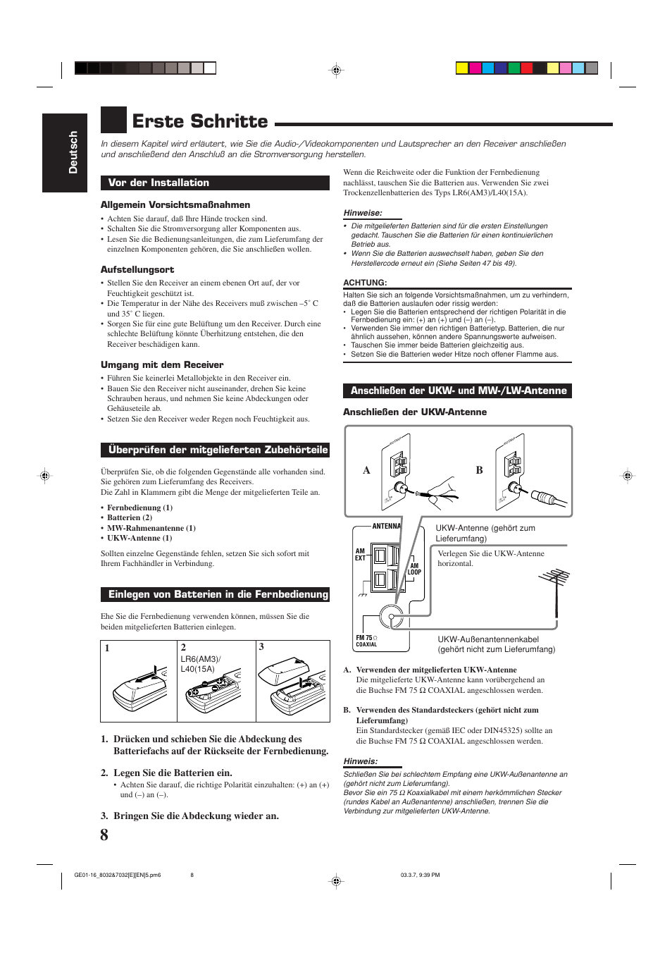 Erste schritte, Deutsch | JVC RX-8032VSL User Manual | Page 11 / 160