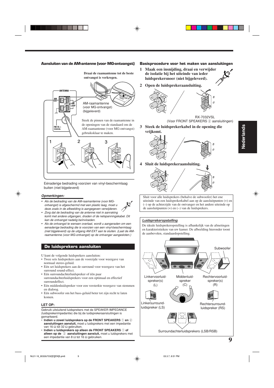 Nederlands, De luidsprekers aansluiten | JVC RX-8032VSL User Manual | Page 116 / 160