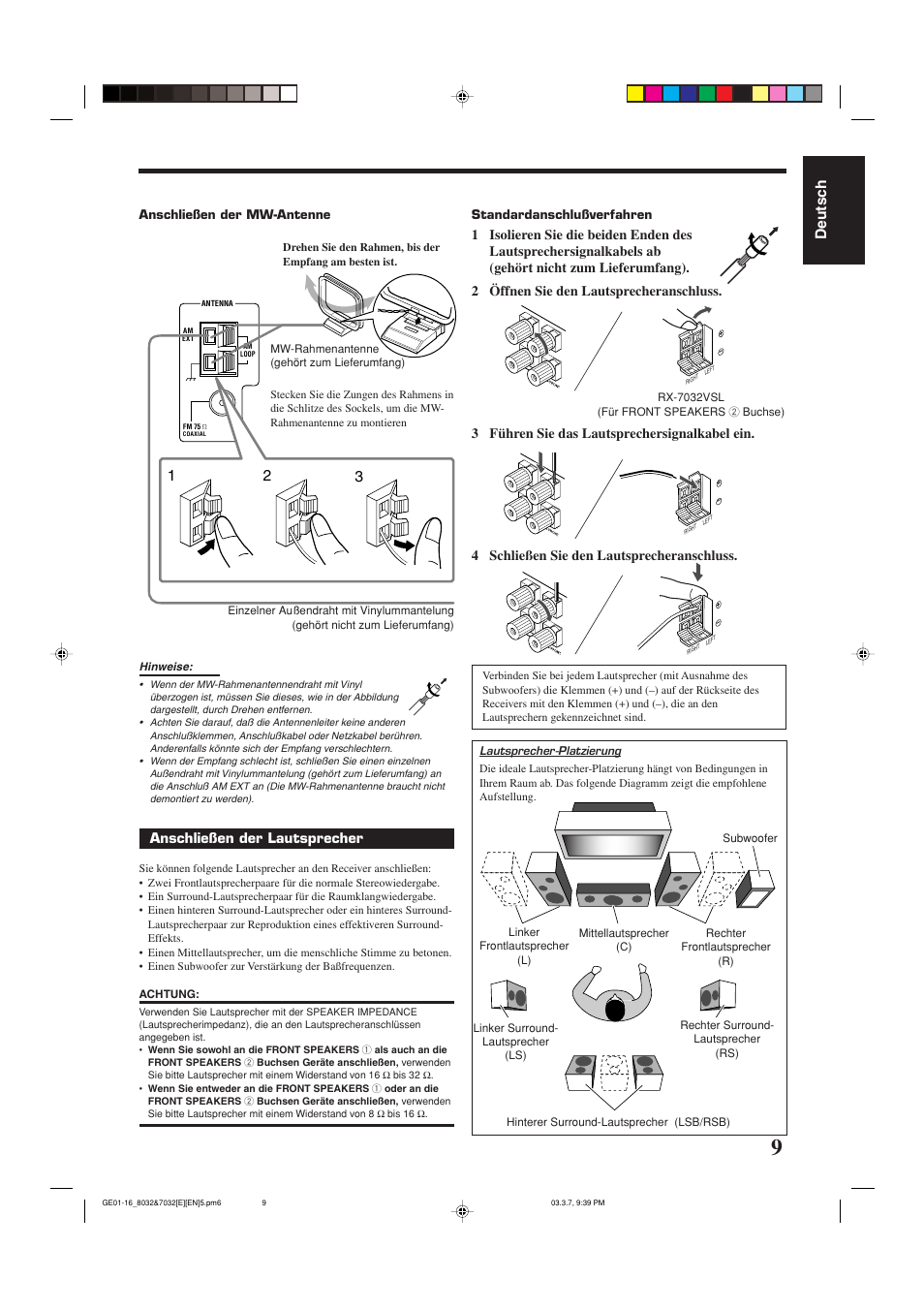 Deutsch, Anschließen der lautsprecher | JVC RX-8032VSL User Manual | Page 12 / 160