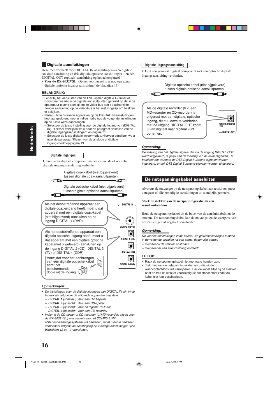 Nederlands, De netspanningskabel aansluiten | JVC RX-8032VSL User Manual | Page 123 / 160