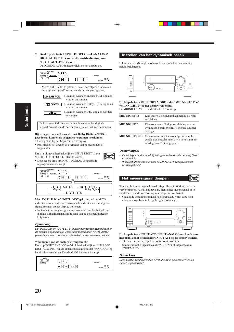 Nederlands, Instellen van het dynamisch bereik, Het invoersignaal dempen | Dgtl auto dgtl d.d dgtl dts | JVC RX-8032VSL User Manual | Page 127 / 160